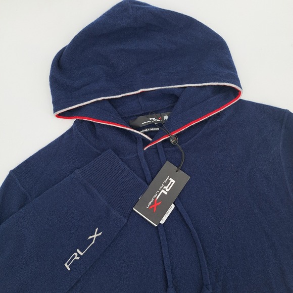 RLX Ralph Lauren Men Navy Washable Cashmere Hoodie Sweater RLX Logo Size M